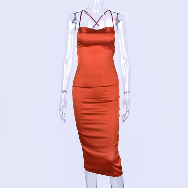 Dulzura neon satin lace up 2020 summer women bodycon long midi dress sleeveless backless elegant party outfits sexy club clothes