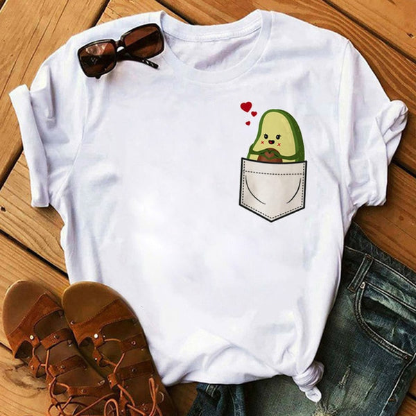 Kawaii Cartoon Avocado Short Sleeve T-shirt Women Casual Avocado Graphic Tops Female Tee Summer Women T-shirts Tops