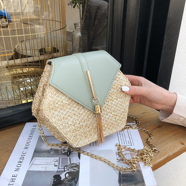 Hexagone Mulit Style paille + cuir sac à main femmes été rotin sac à la main tissé plage cercle bohême sac à bandoulière nouvelle mode