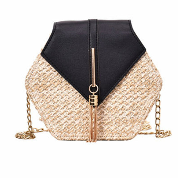 Hexagone Mulit Style paille + cuir sac à main femmes été rotin sac à la main tissé plage cercle bohême sac à bandoulière nouvelle mode