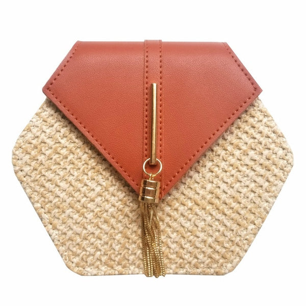 Hexagone Mulit Style paille + cuir sac à main femmes été rotin sac à la main tissé plage cercle bohême sac à bandoulière nouvelle mode