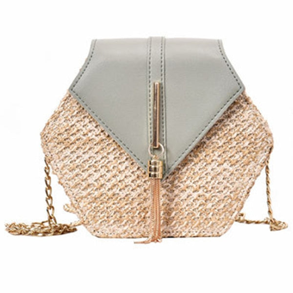 Hexagone Mulit Style paille + cuir sac à main femmes été rotin sac à la main tissé plage cercle bohême sac à bandoulière nouvelle mode