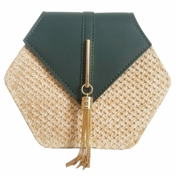 Hexagone Mulit Style paille + cuir sac à main femmes été rotin sac à la main tissé plage cercle bohême sac à bandoulière nouvelle mode