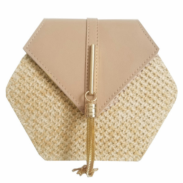 Hexagone Mulit Style paille + cuir sac à main femmes été rotin sac à la main tissé plage cercle bohême sac à bandoulière nouvelle mode