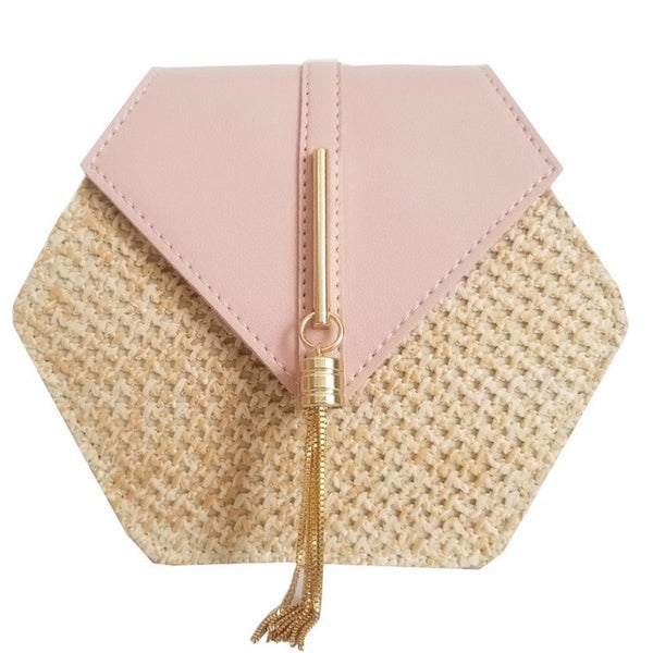 Hexagone Mulit Style paille + cuir sac à main femmes été rotin sac à la main tissé plage cercle bohême sac à bandoulière nouvelle mode