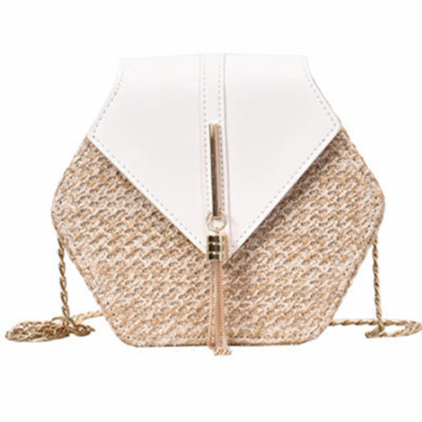 Hexagone Mulit Style paille + cuir sac à main femmes été rotin sac à la main tissé plage cercle bohême sac à bandoulière nouvelle mode