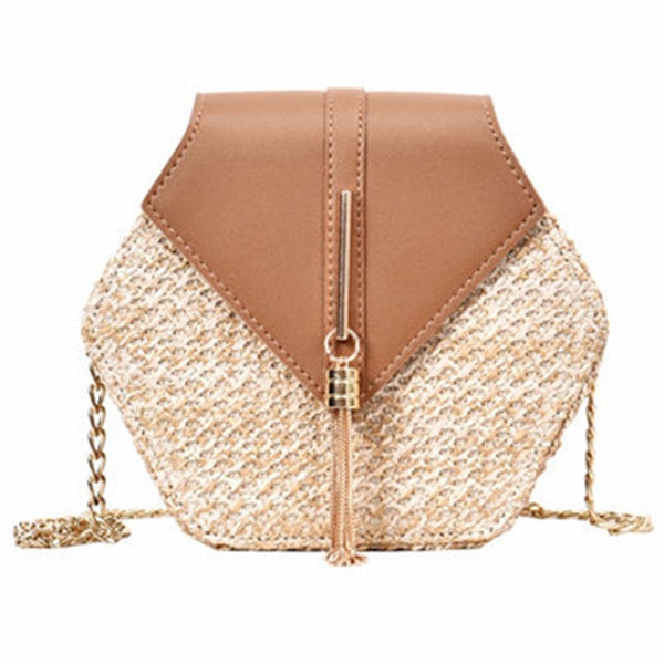 Hexagone Mulit Style paille + cuir sac à main femmes été rotin sac à la main tissé plage cercle bohême sac à bandoulière nouvelle mode