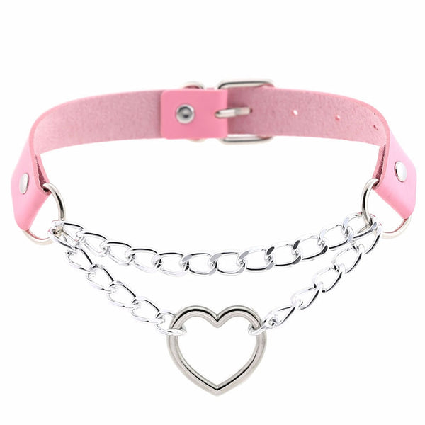 women hiphop cute cosplay Maid Collar Punk Gothic Leather Choker Metal Chain Harajuku Adjustable Heart Necklace Fashion Jewelry