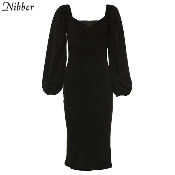 Nibber sexy pure V Neck off shoulder bodycon dress women autumn winter club party night red Elegant midi dress Mujer black dress