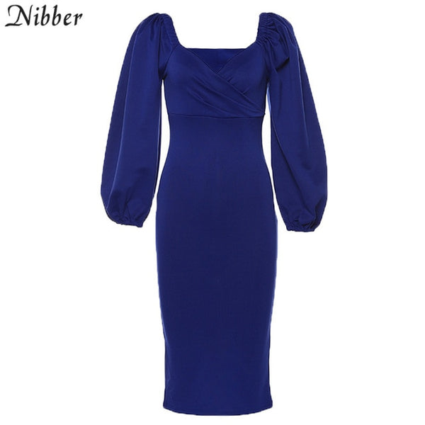 Nibber sexy pure V Neck off shoulder bodycon dress women autumn winter club party night red Elegant midi dress Mujer black dress