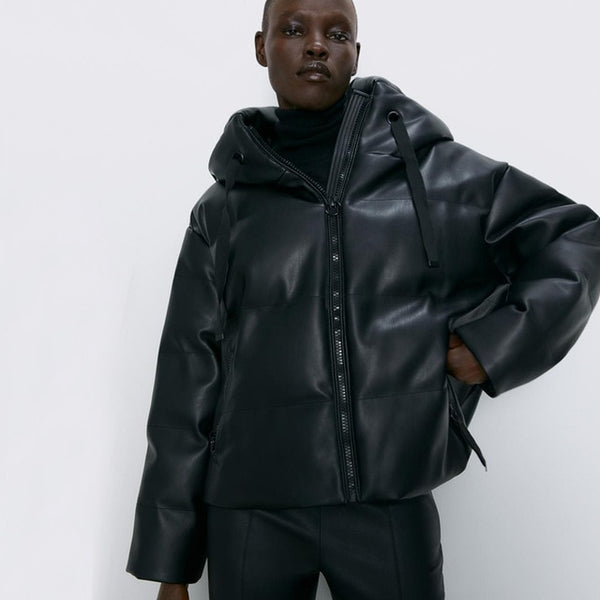 RR PU Leather Parkas Women Fashion Hooded Faux Leather Coats Women Elegant Zipper Cotton Jackets Female Ladies IT