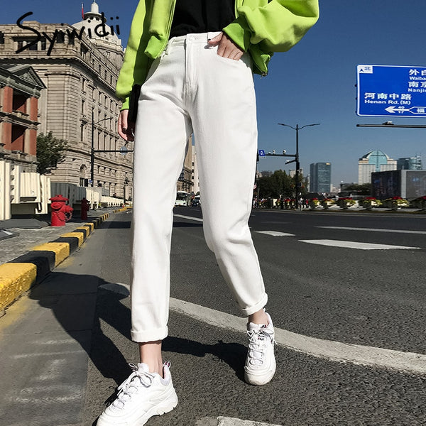 cotton White Jeans for Women High Waist Harem Mom Jeans spring 2019 new plus size black women jeans denim pants beige blue