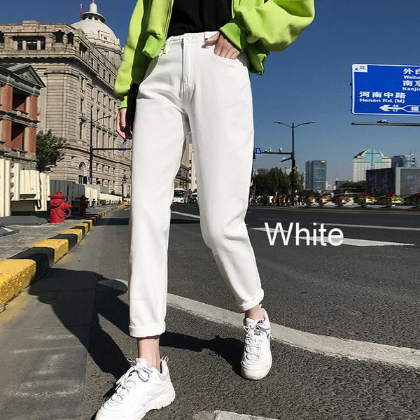cotton White Jeans for Women High Waist Harem Mom Jeans spring 2019 new plus size black women jeans denim pants beige blue
