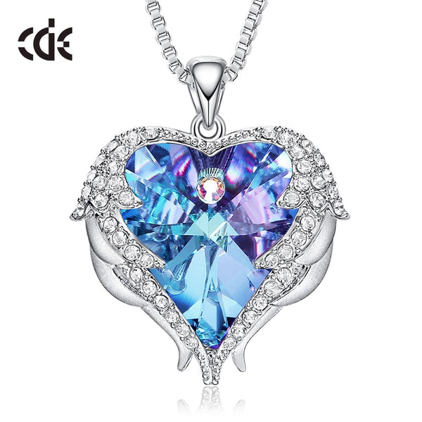 CDE Women Silver Color Necklace Embellished with Crystals from Swarovski Necklace Angel Wings Heart Pendant Valentines Gift