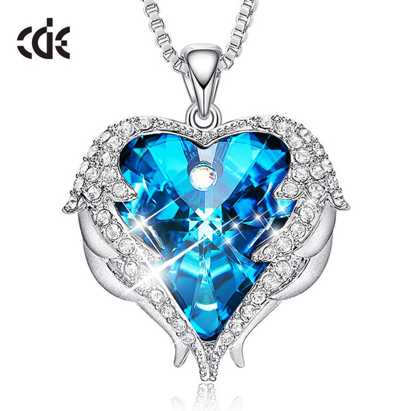 CDE Women Silver Color Necklace Embellished with Crystals from Swarovski Necklace Angel Wings Heart Pendant Valentines Gift