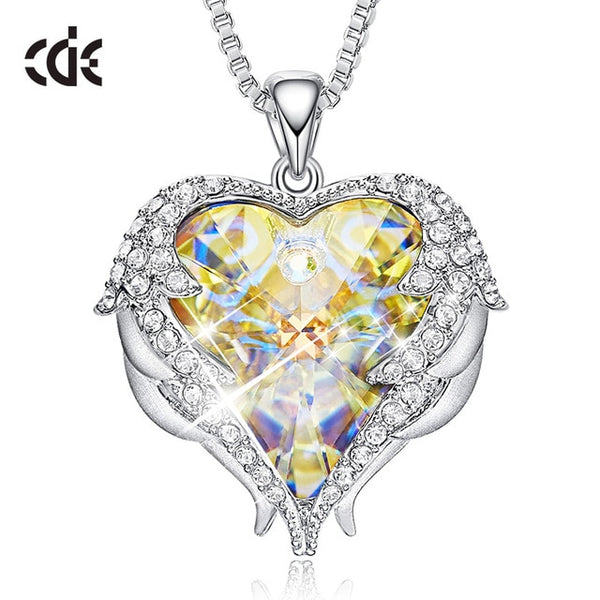 CDE Women Silver Color Necklace Embellished with Crystals from Swarovski Necklace Angel Wings Heart Pendant Valentines Gift