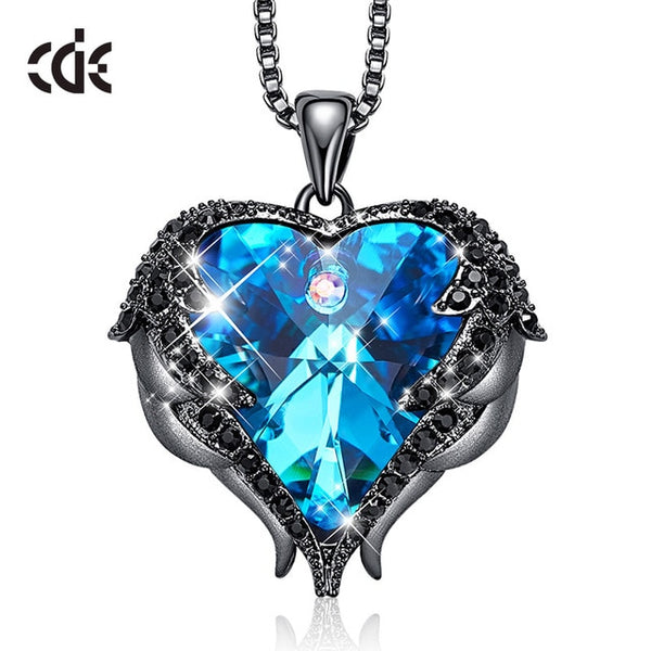 CDE Women Silver Color Necklace Embellished with Crystals from Swarovski Necklace Angel Wings Heart Pendant Valentines Gift