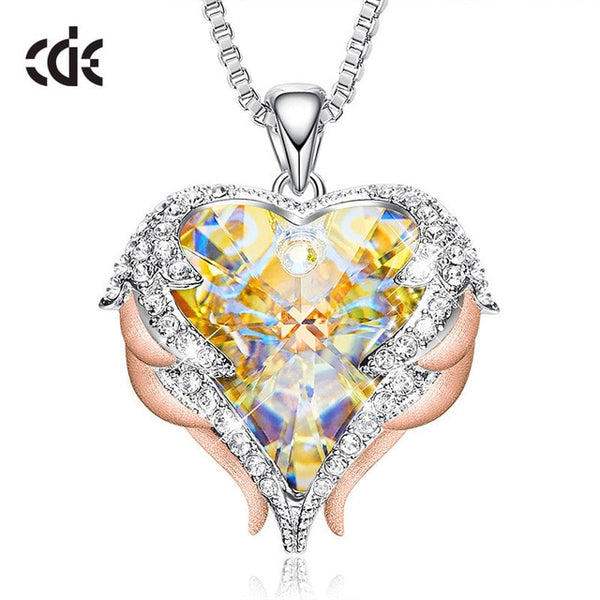 CDE Women Silver Color Necklace Embellished with Crystals from Swarovski Necklace Angel Wings Heart Pendant Valentines Gift