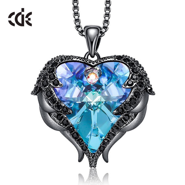 CDE Women Silver Color Necklace Embellished with Crystals from Swarovski Necklace Angel Wings Heart Pendant Valentines Gift