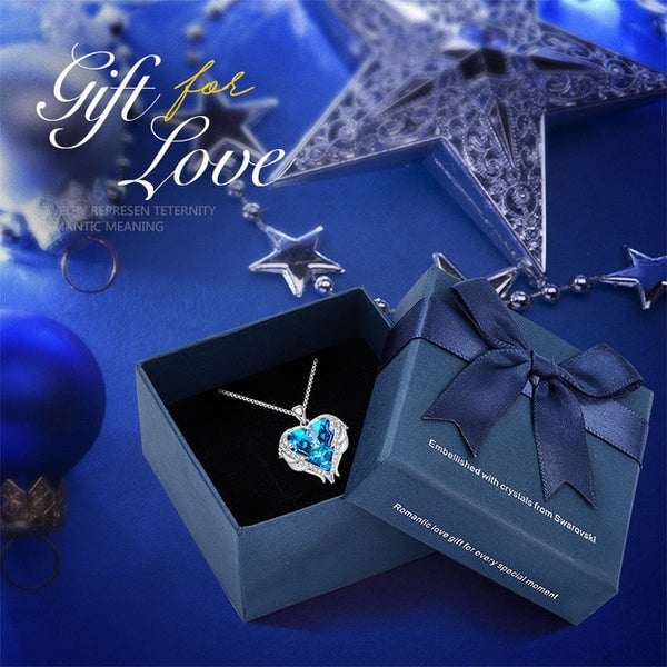 CDE Women Silver Color Necklace Embellished with Crystals from Swarovski Necklace Angel Wings Heart Pendant Valentines Gift