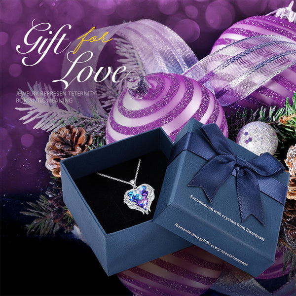 CDE Women Silver Color Necklace Embellished with Crystals from Swarovski Necklace Angel Wings Heart Pendant Valentines Gift
