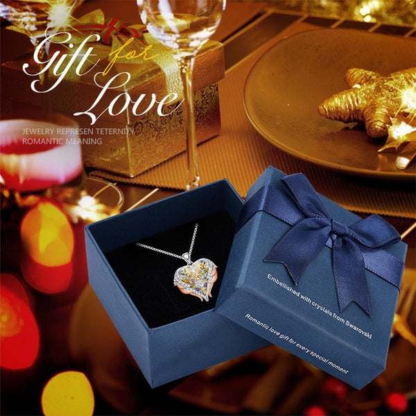 CDE Women Silver Color Necklace Embellished with Crystals from Swarovski Necklace Angel Wings Heart Pendant Valentines Gift