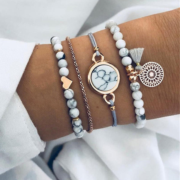 Tocona Bohemian Heart Beads Tassel Layered Bracelet Set for Women Handmade Chains Rope Adjustable Bangle Set Anklet 6905